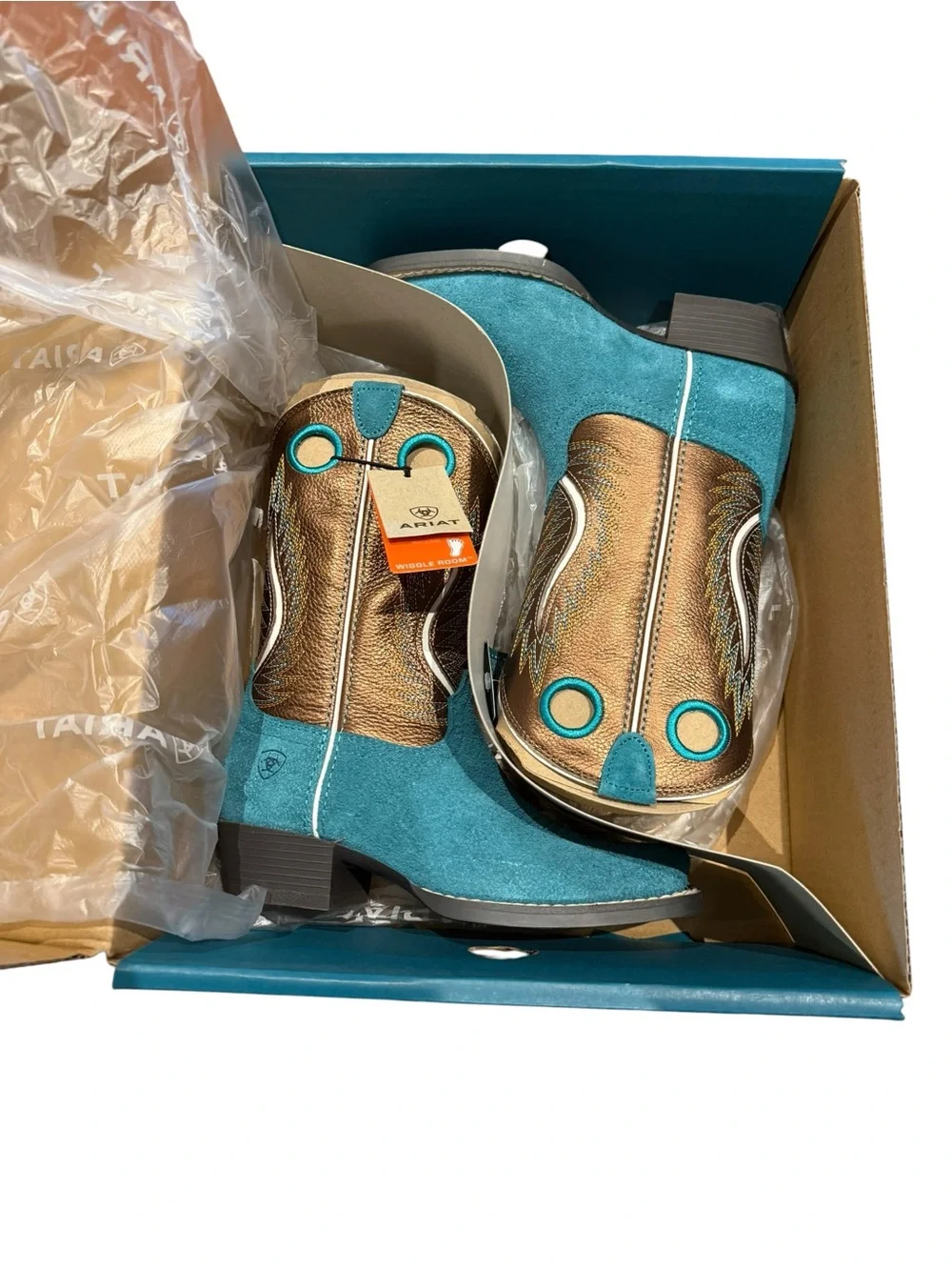 Ariat Kids Futurity Fort Worth Teal Suede & Brown Leather Cowboy Boots Youth 13